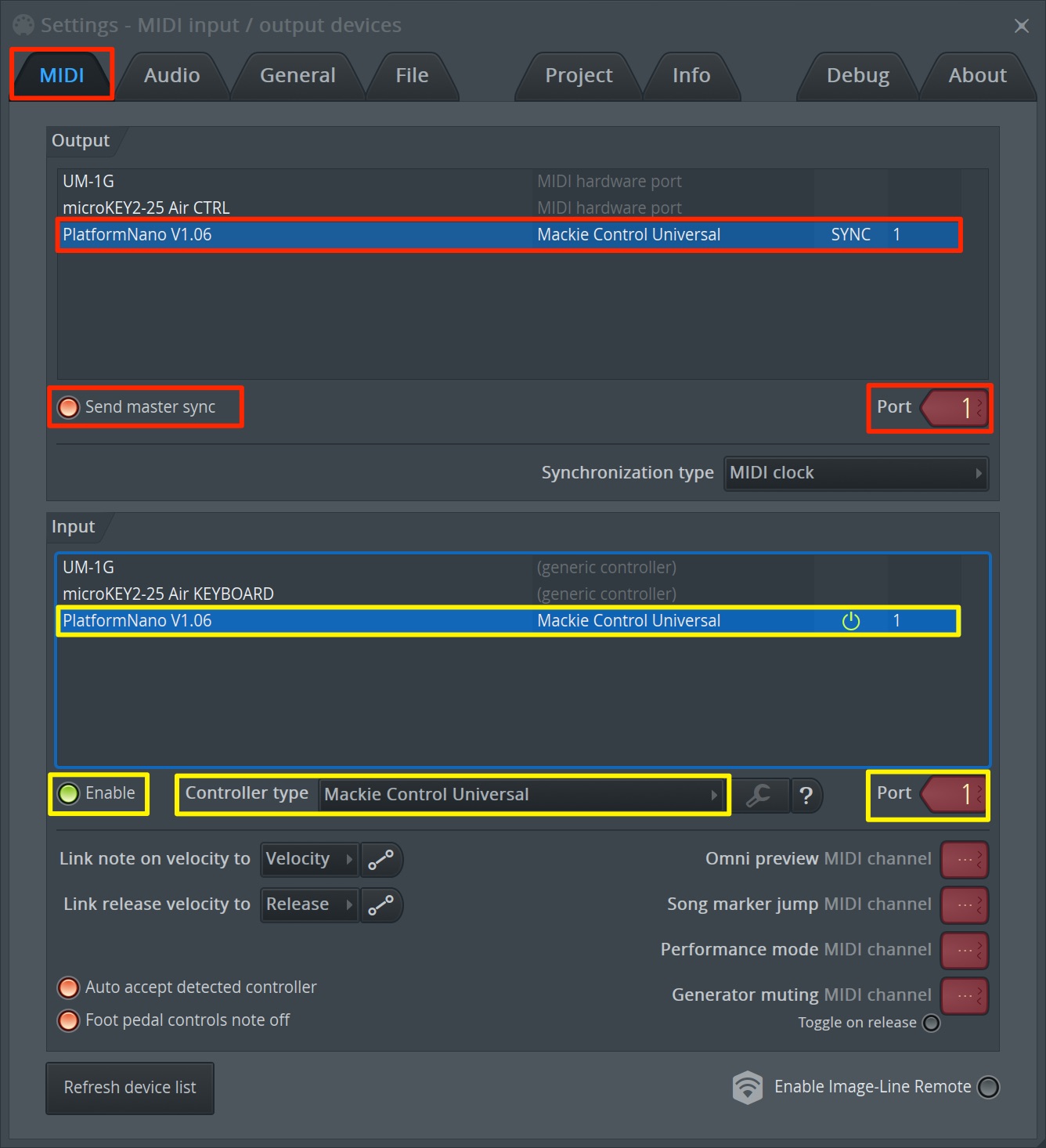 Settings MIDI input output devices