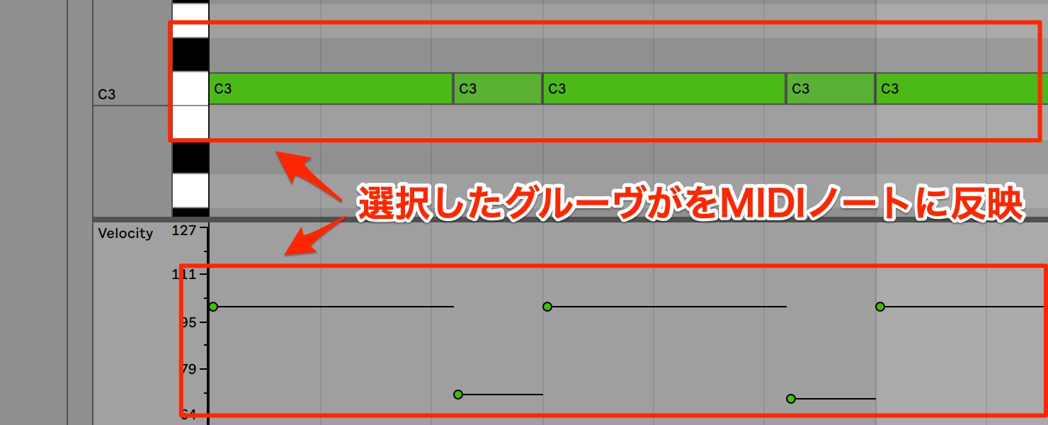 選択したグルーヴがをMIDIノートに反映